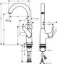 Waschtischmischer von Hansgrohe mit Schwenkauslauf, skizzierte Maße und Anschlussdetails, geeignet für die Installation in Badezimmern.